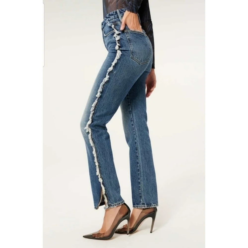 💕GOOD AMERICAN💕 Good Boy Side Frayed Straight Leg Jeans ~ Blue 818 8/29 NWT